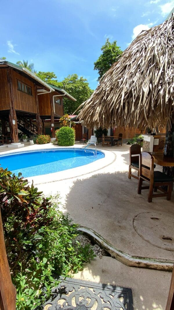 A pool with an umbrella and chairs in the background.