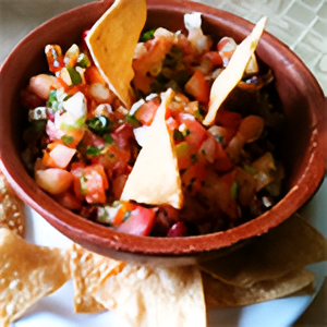 A bowl of salsa and tortilla chips on the table.