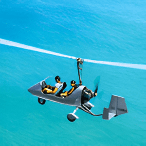 A small plane flying over the ocean with two passengers.